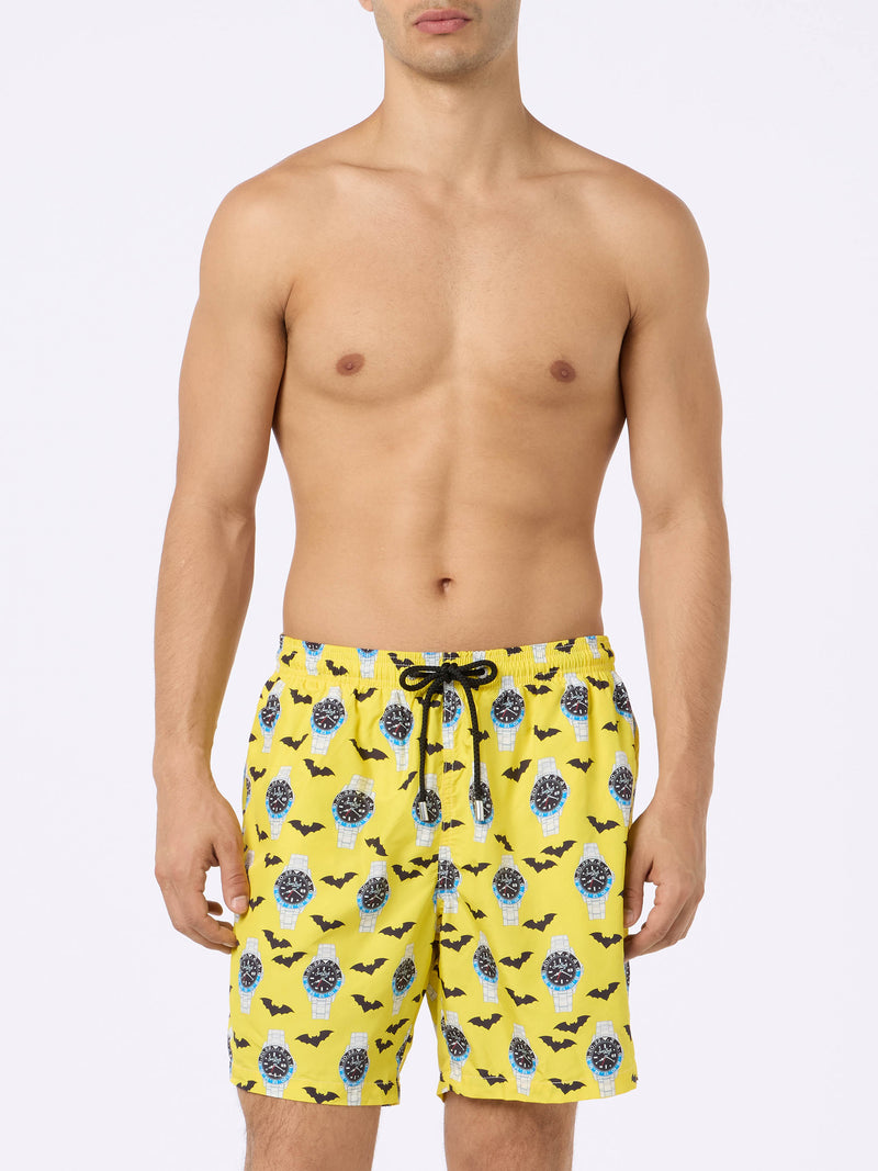 Man lightweight fabric swim-shorts Lighting with watches print