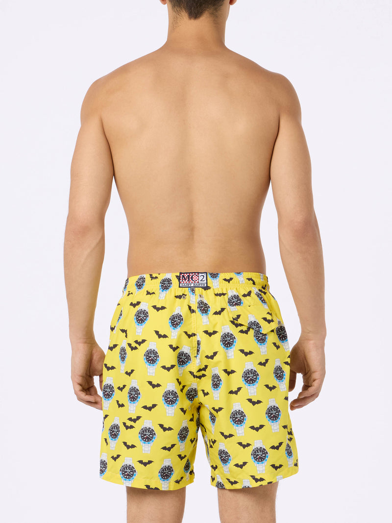 Man lightweight fabric swim-shorts Lighting with watches print