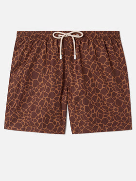 Brown Lighting swim shorts with all-over animal print