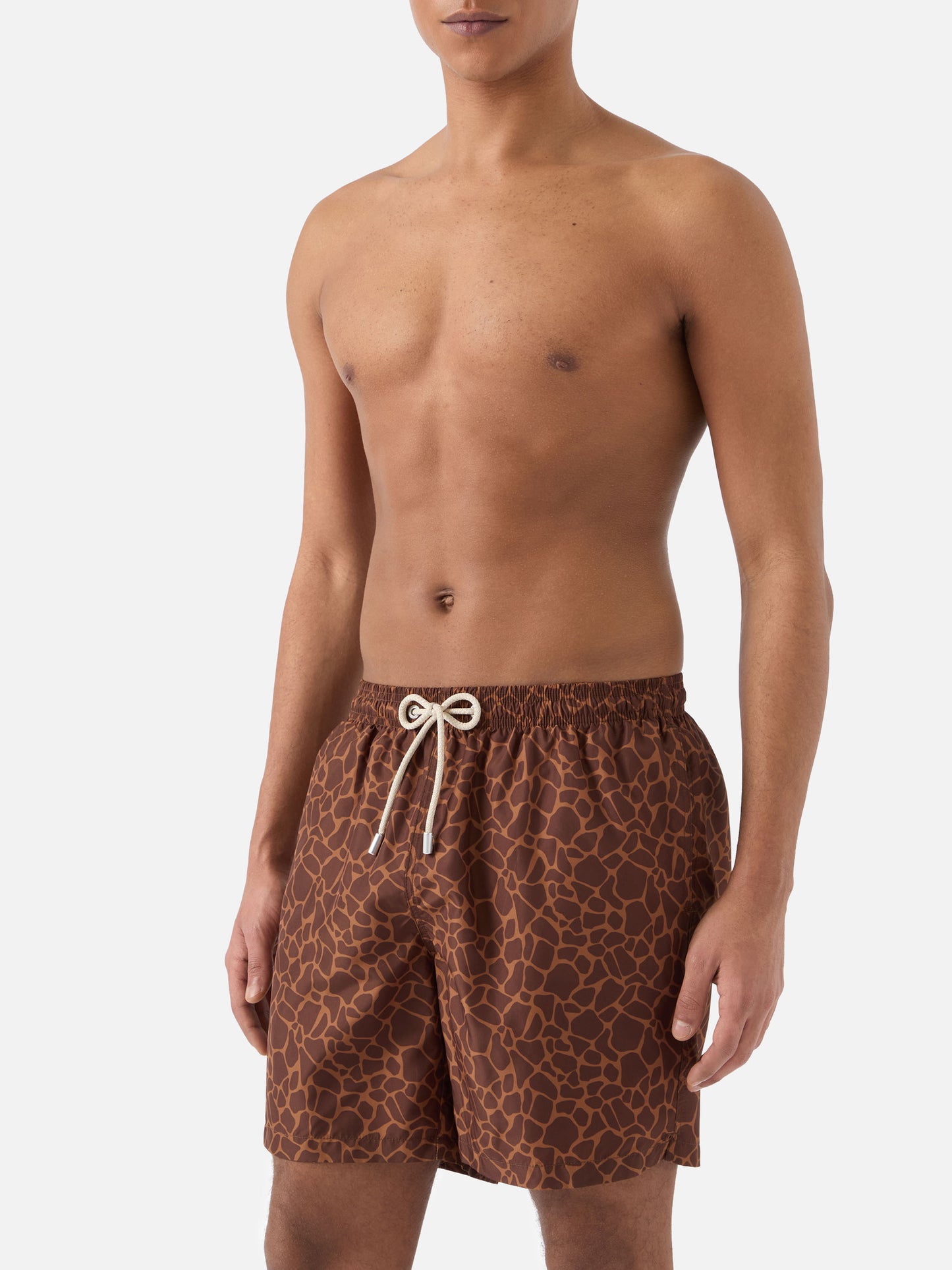 Brown Lighting swim shorts with all-over animal print