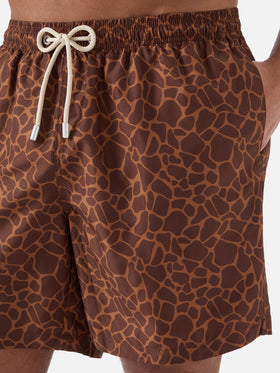 Brown Lighting swim shorts with all-over animal print