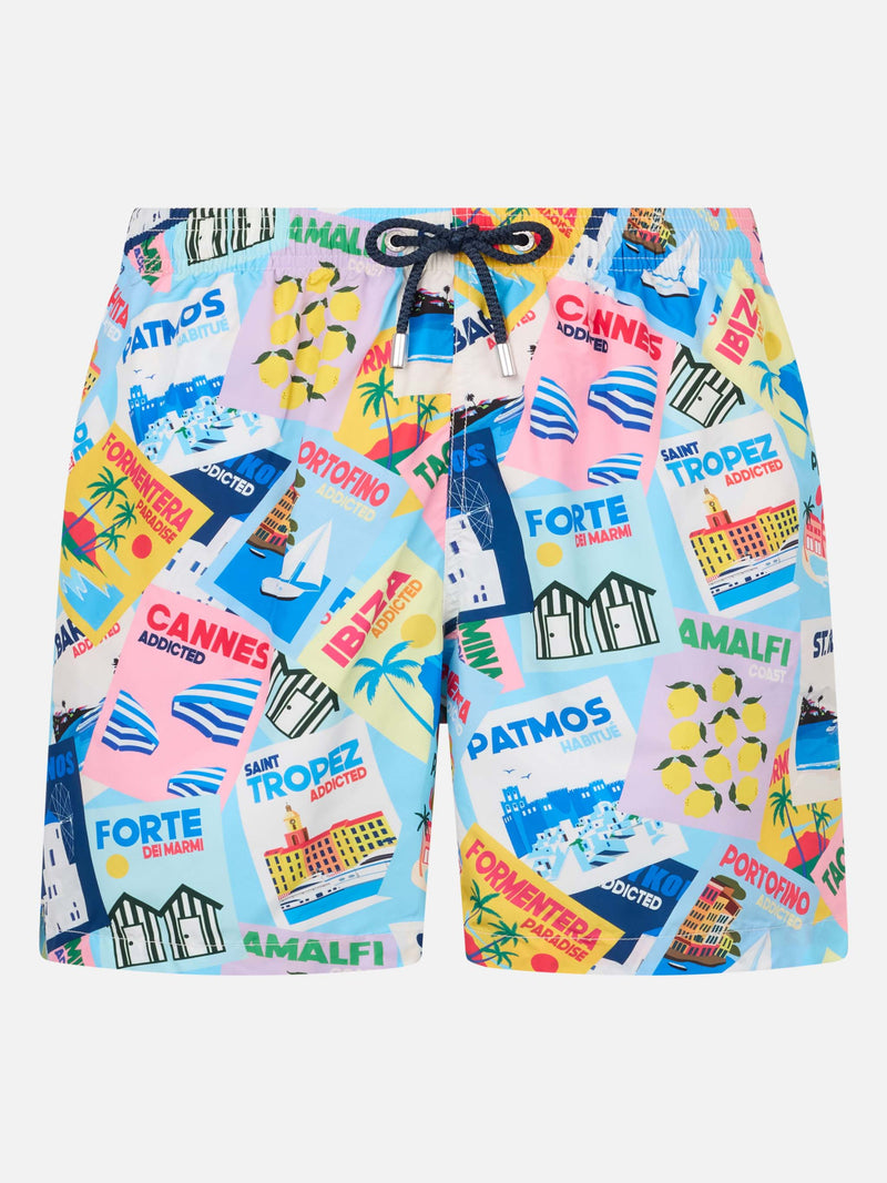 Man lightweight fabric swim-shorts Lighting with postcard print