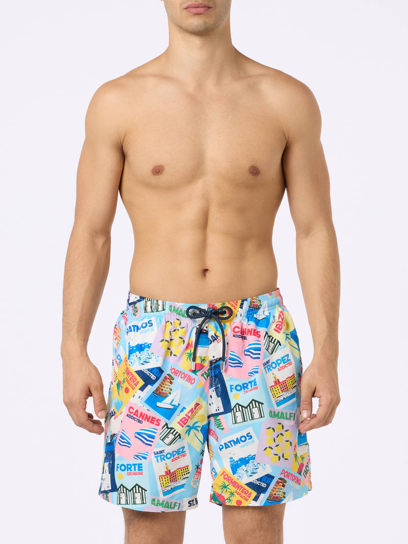 Man lightweight fabric swim-shorts Lighting with postcard print