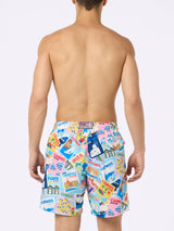 Man lightweight fabric swim-shorts Lighting with postcard print