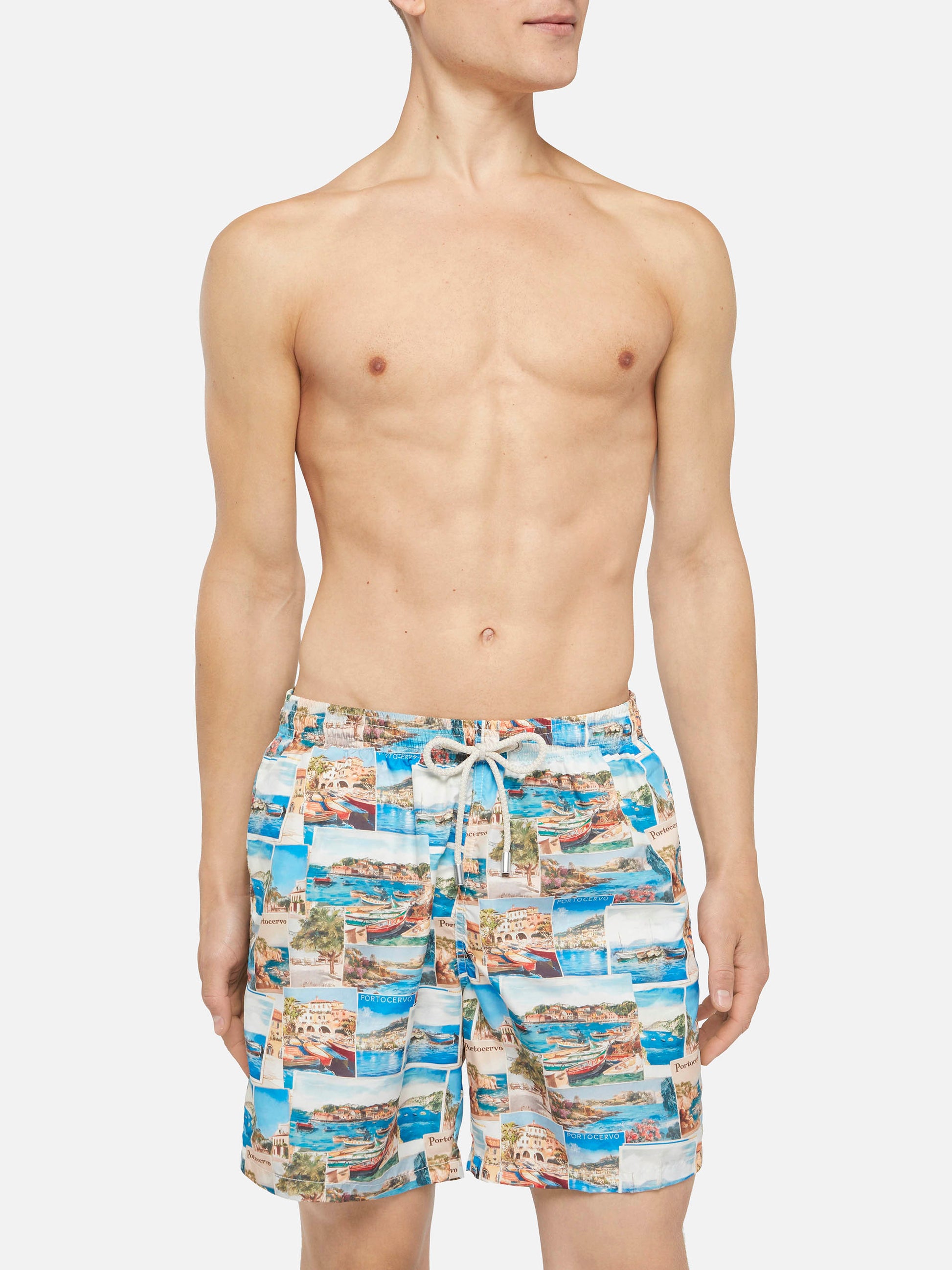 Lightweight fabric swim-shorts Lighting with Porto Cervo postcards print | AI CO-CREATED DESIGN BY RICKDICK - POWERED BY RED-EYE - MC2 Saint Barth
