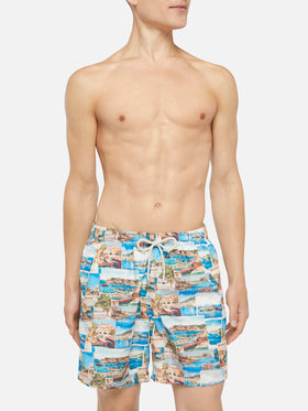 Lightweight fabric swim-shorts Lighting with Porto Cervo postcards print | AI CO-CREATED DESIGN BY RICKDICK - POWERED BY RED-EYE - MC2 Saint Barth