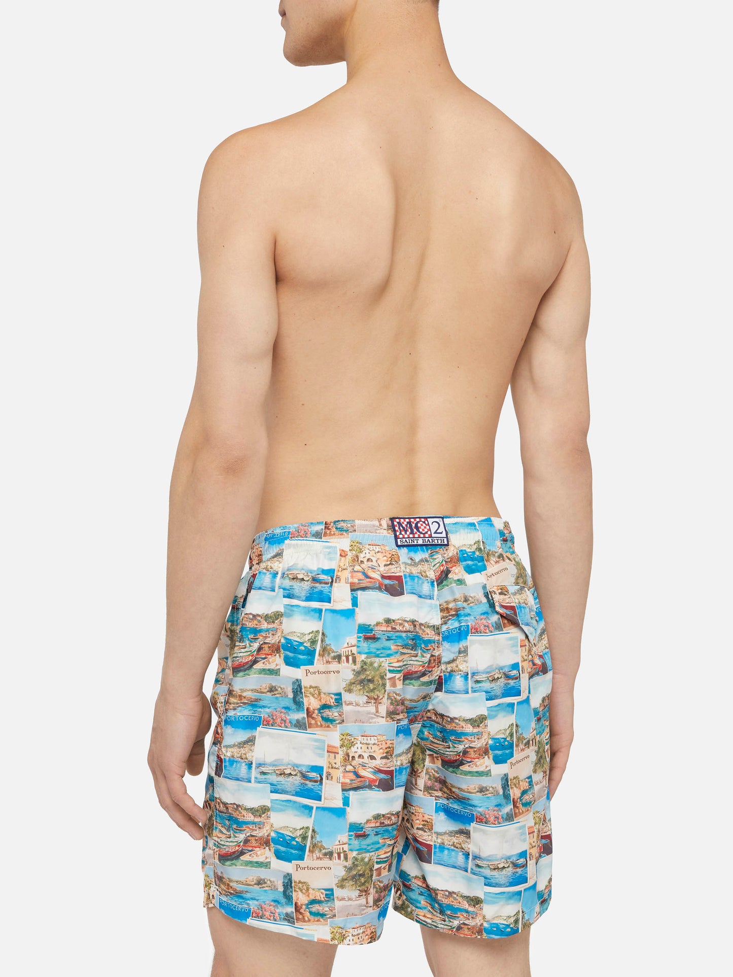 Lightweight fabric swim-shorts Lighting with Porto Cervo postcards print | AI CO-CREATED DESIGN BY RICKDICK - POWERED BY RED-EYE - MC2 Saint Barth