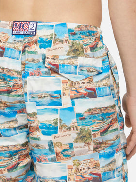Lightweight fabric swim-shorts Lighting with Porto Cervo postcards print | AI CO-CREATED DESIGN BY RICKDICK - POWERED BY RED-EYE - MC2 Saint Barth