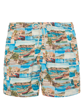 Lightweight fabric swim-shorts Lighting with Porto Cervo postcards print | AI CO-CREATED DESIGN BY RICKDICK - POWERED BY RED-EYE - MC2 Saint Barth