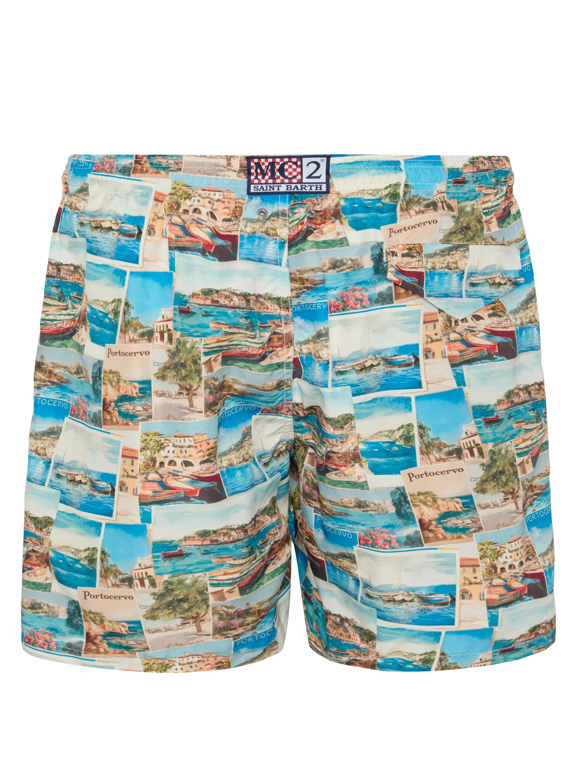 Lightweight fabric swim-shorts Lighting with Porto Cervo postcards print | AI CO-CREATED DESIGN BY RICKDICK - POWERED BY RED-EYE - MC2 Saint Barth