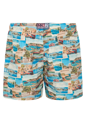 Lightweight fabric swim-shorts Lighting with Porto Cervo postcards print | AI CO-CREATED DESIGN BY RICKDICK - POWERED BY RED-EYE - MC2 Saint Barth