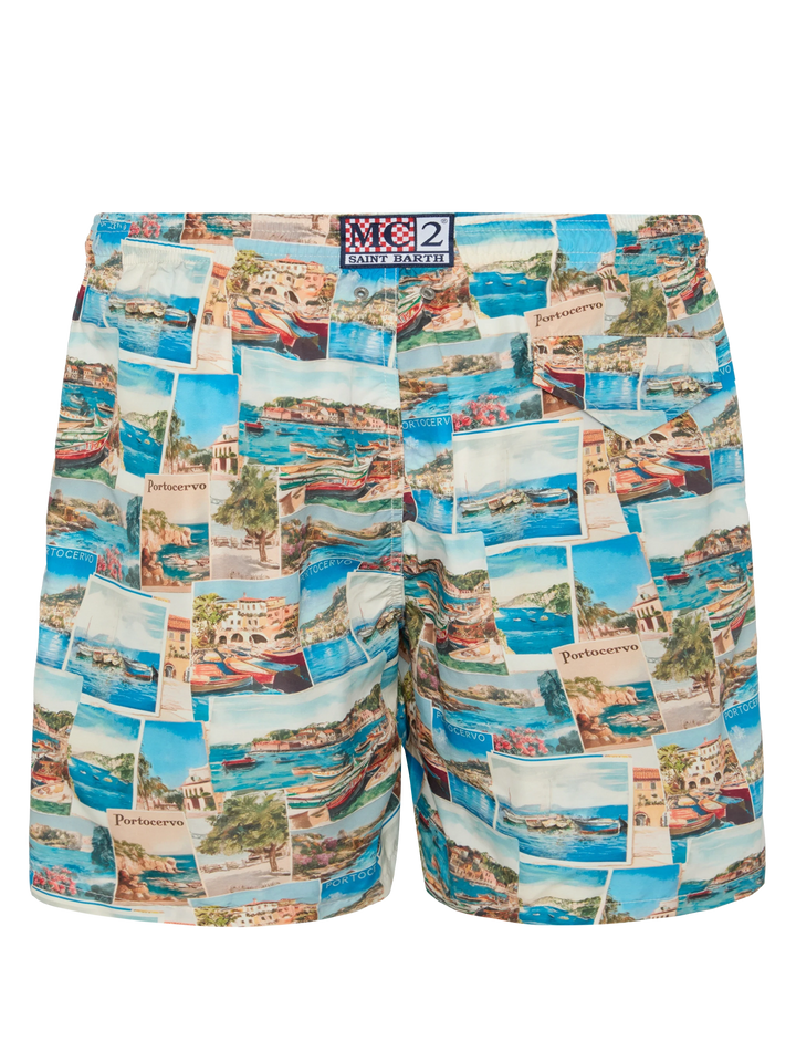 Lightweight fabric swim-shorts Lighting with Porto Cervo postcards print | AI CO-CREATED DESIGN BY RICKDICK - POWERED BY RED-EYE - MC2 Saint Barth
