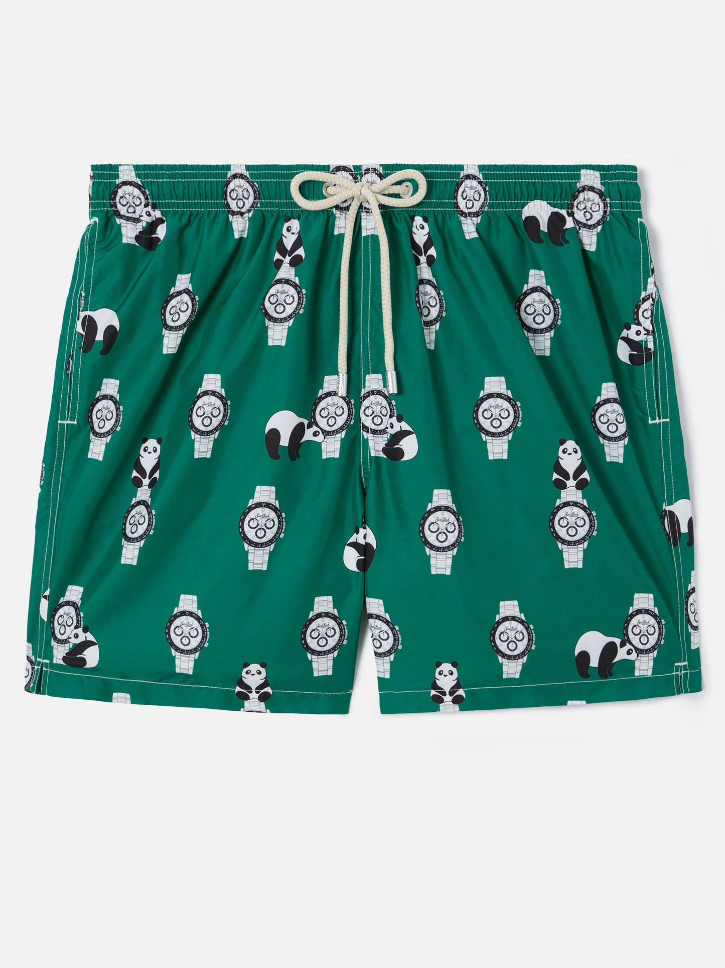 Costume mare Lighting verde con stampa panda e orologi all-over