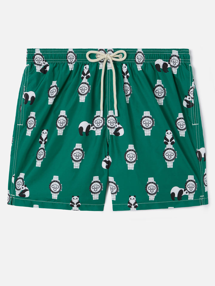 Costume mare Lighting verde con stampa panda e orologi all-over