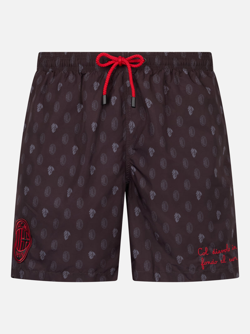 Man lightweight fabric swim shorts with Milan logo print and patch | AC MILAN SPECIAL EDITION