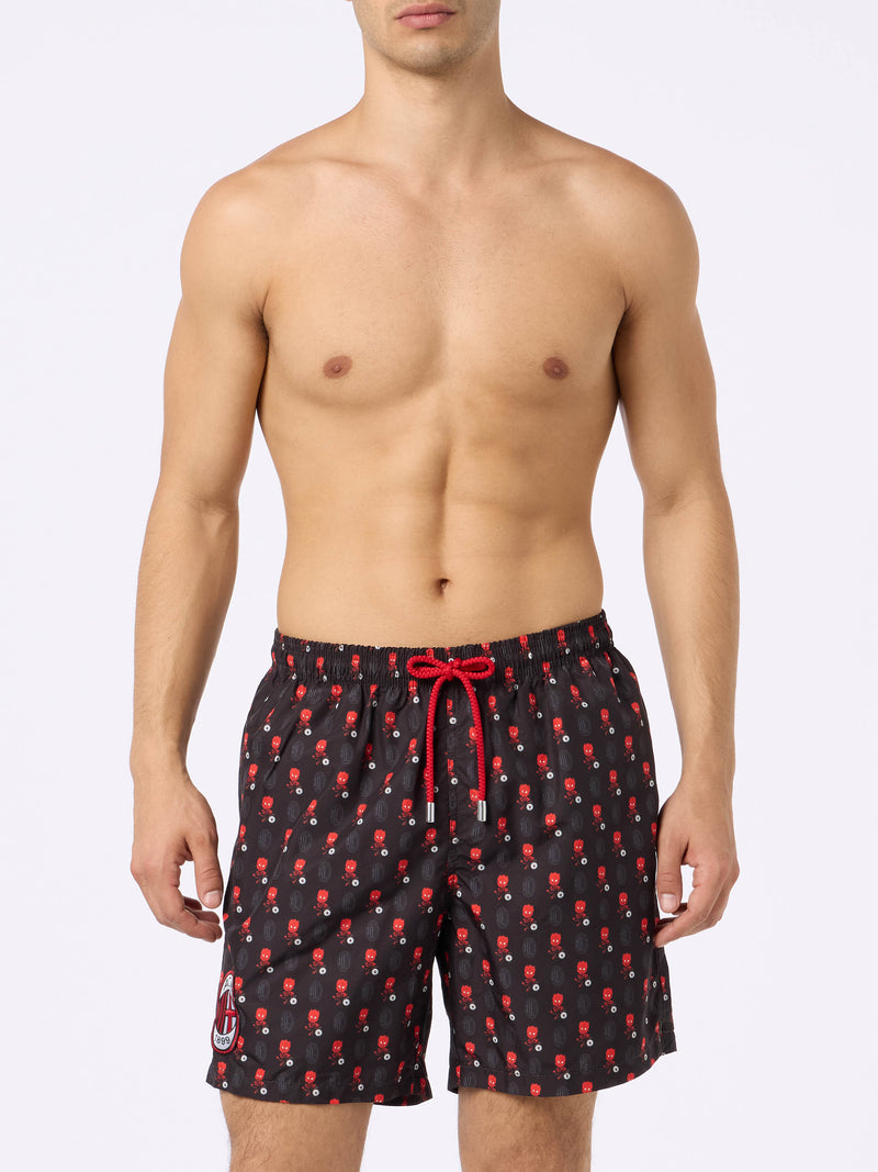 Man lightweight fabric swim shorts with Milan logo print and patch | AC MILAN SPECIAL EDITION
