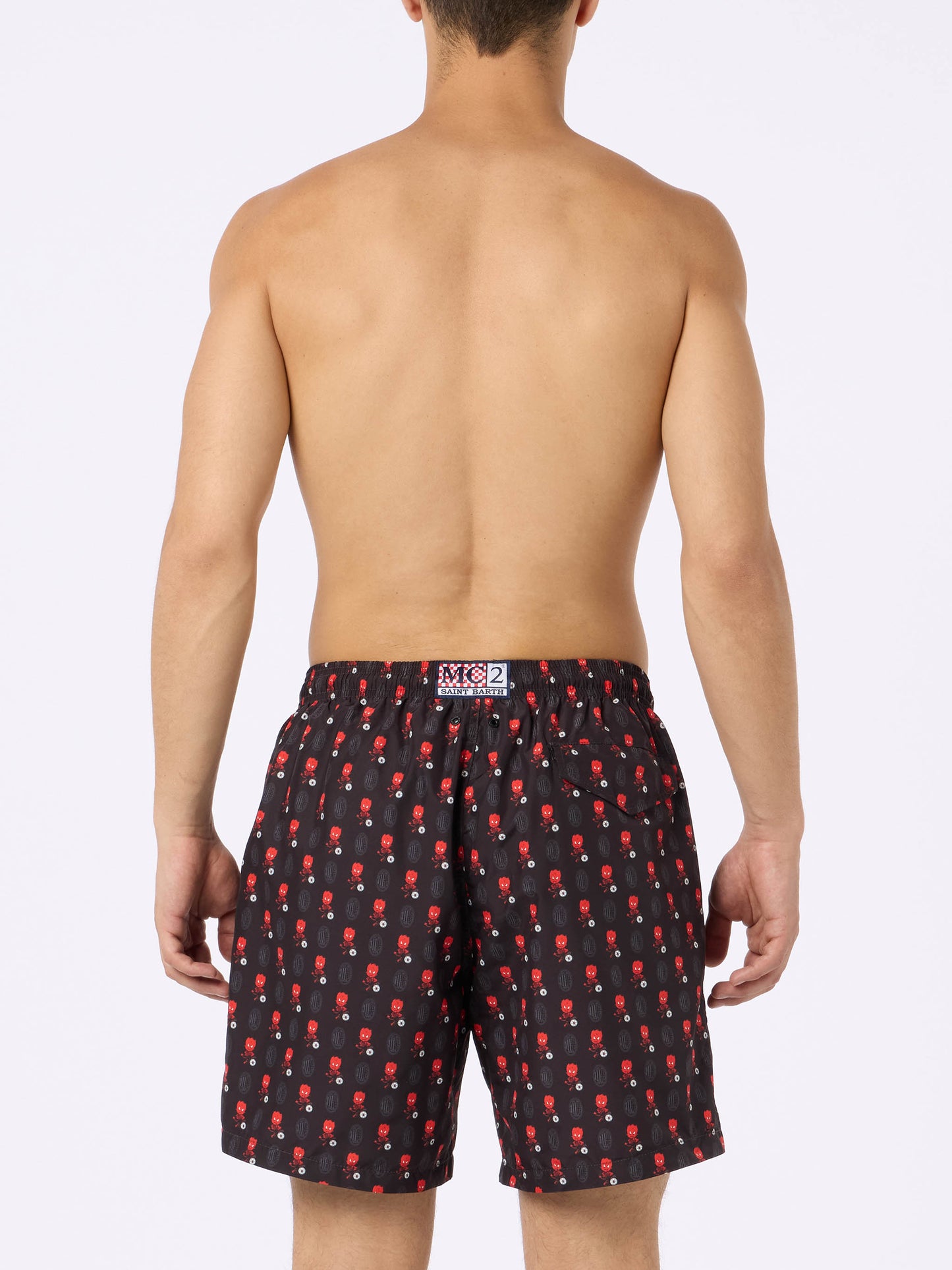 Man lightweight fabric swim shorts with Milan logo print and patch | AC MILAN SPECIAL EDITION