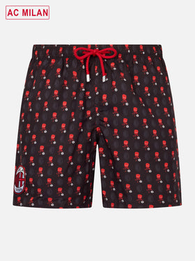 Man lightweight fabric swim shorts with Milan logo print and patch | AC MILAN SPECIAL EDITION