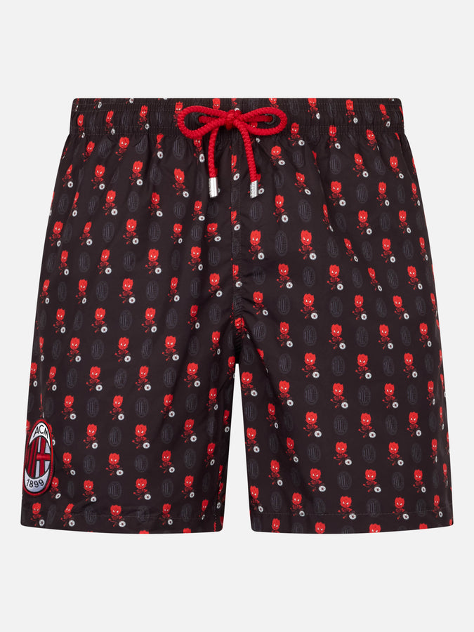 Mc2 Saint Barth Man lightweight fabric swim shorts with Milan logo print and patch | AC MILAN SPECIAL EDITION