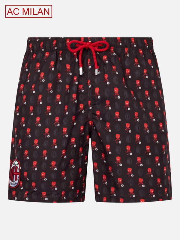 Man lightweight fabric swim shorts with Milan logo print and patch | AC MILAN SPECIAL EDITION