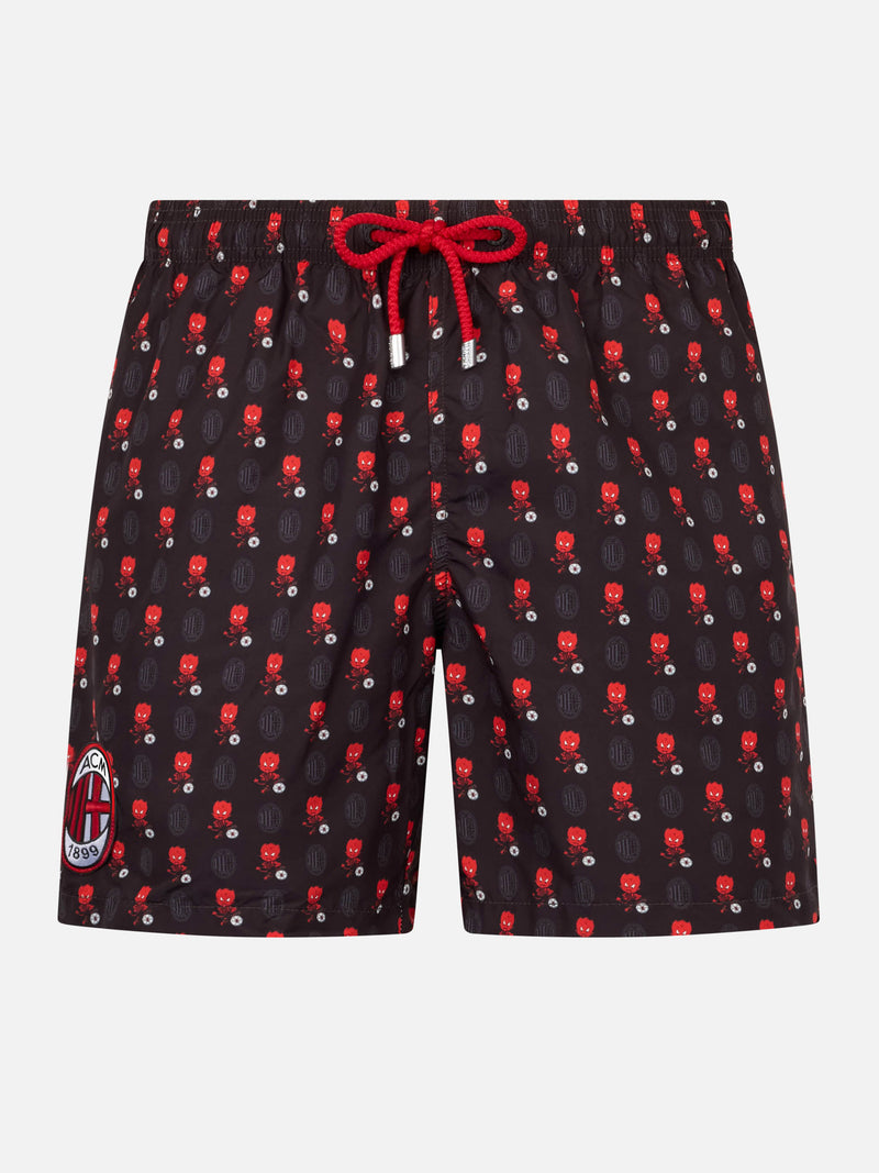 Man lightweight fabric swim shorts with Milan logo print and patch | AC MILAN SPECIAL EDITION