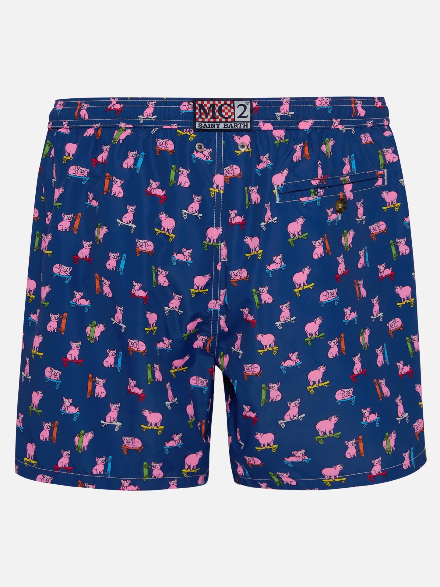 Costume da bagno da uomo in tessuto leggero con stampa maialini skater