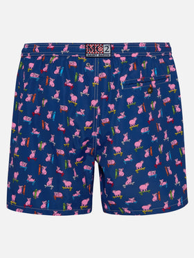 Costume da bagno da uomo in tessuto leggero con stampa maialini skater