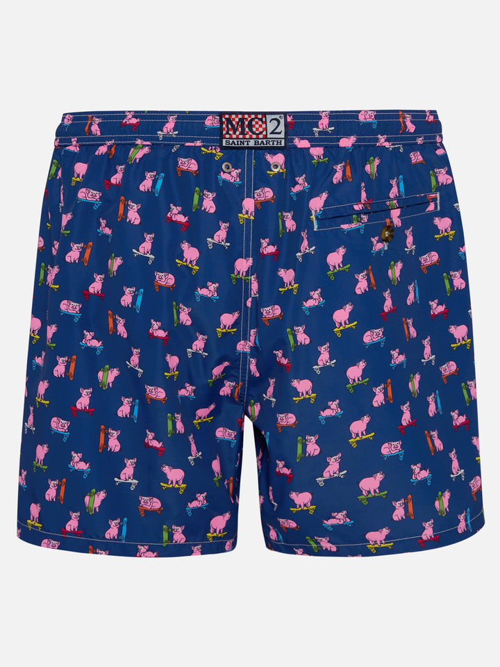 Costume da bagno da uomo in tessuto leggero con stampa maialini skater