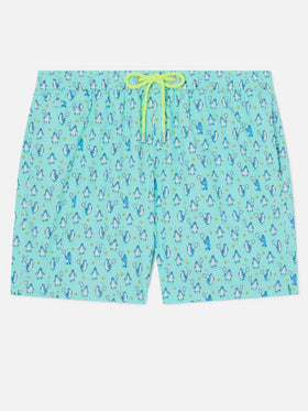 Lighting Micro Fantasy swim shorts in technical fabric with penguin pattern in blue and multicolor