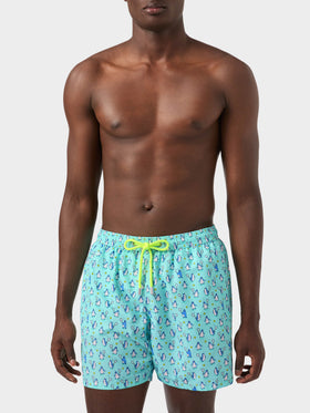 Lighting Micro Fantasy swim shorts in technical fabric with penguin pattern in blue and multicolor