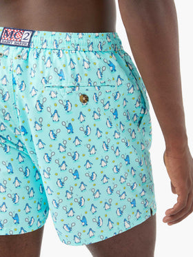 Lighting Micro Fantasy swim shorts in technical fabric with penguin pattern in blue and multicolor