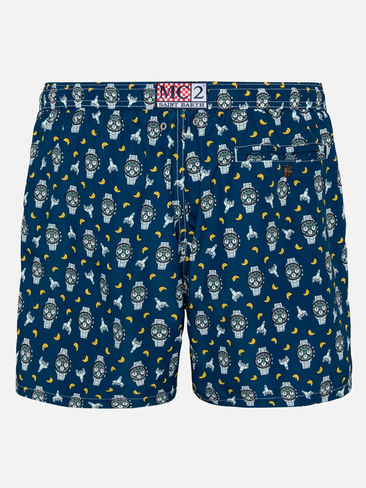 Badeshorts aus leichtem Stoff „Lighting“ mit Uhren- und Mond-Print