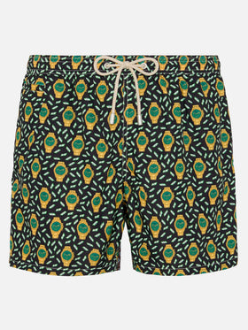 Badeshorts aus leichtem Stoff „Lighting“ mit Uhren-Print