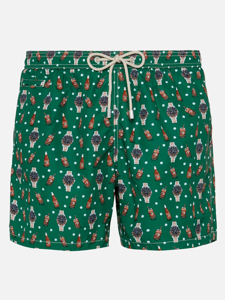 Badeshorts aus leichtem Stoff „Lighting“ mit Uhren- und Bier-Print