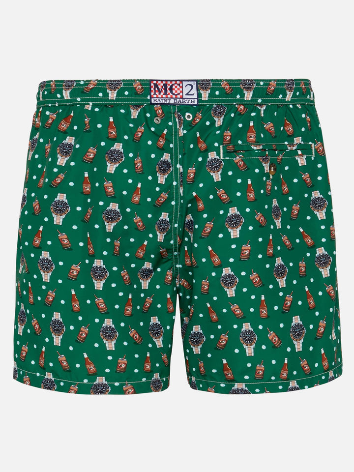 Badeshorts aus leichtem Stoff „Lighting“ mit Uhren- und Bier-Print