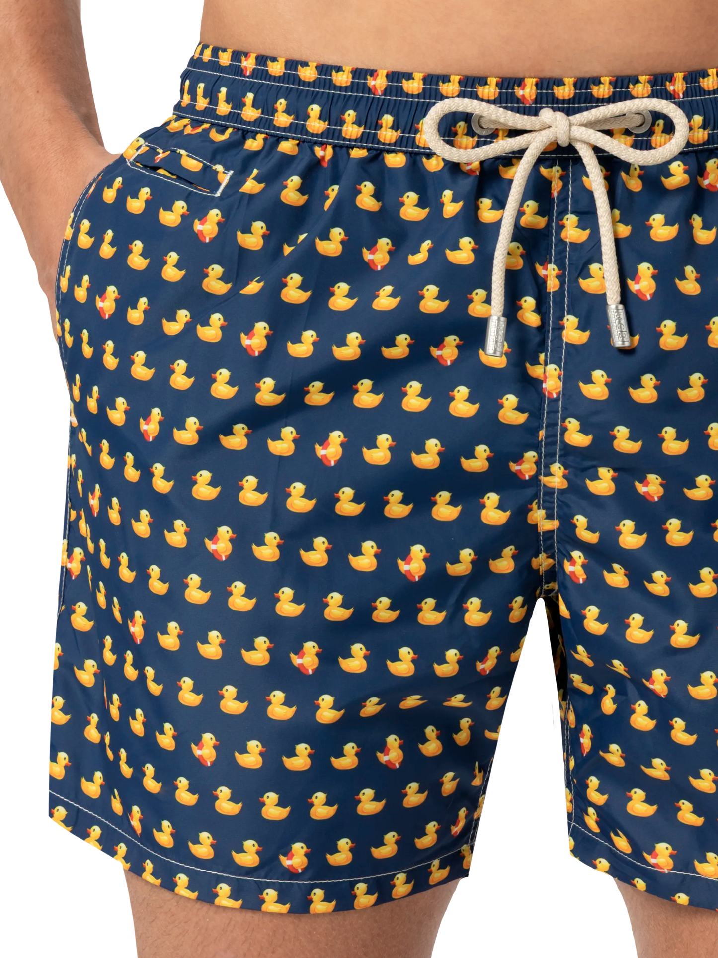 Man light fabric swim shorts with ducky print