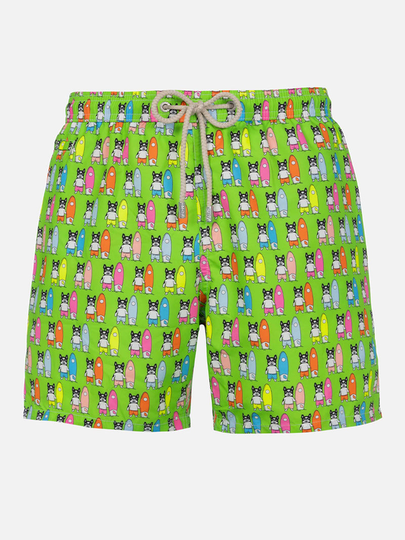 Man lightweight fabric swim-shorts Lighting Micro Fantasy with surfer dogs print