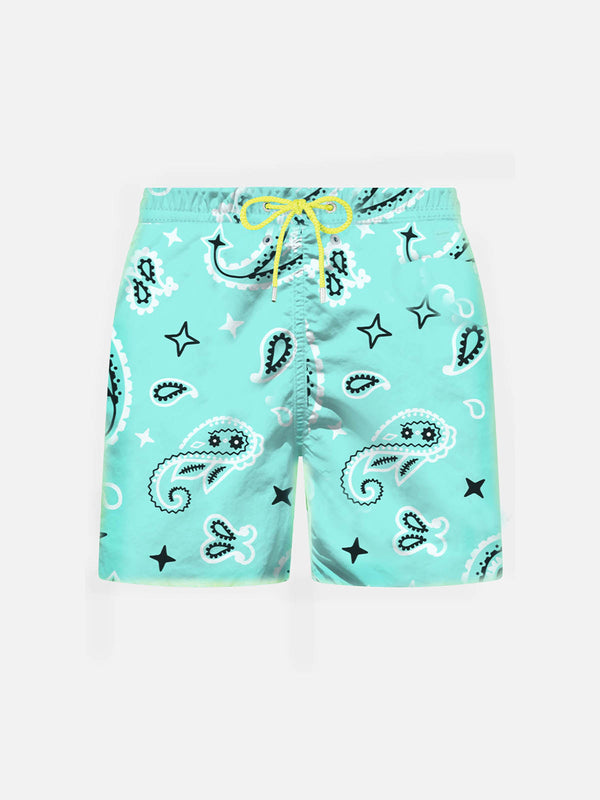 Boy water green swim shorts with bandanna pattern