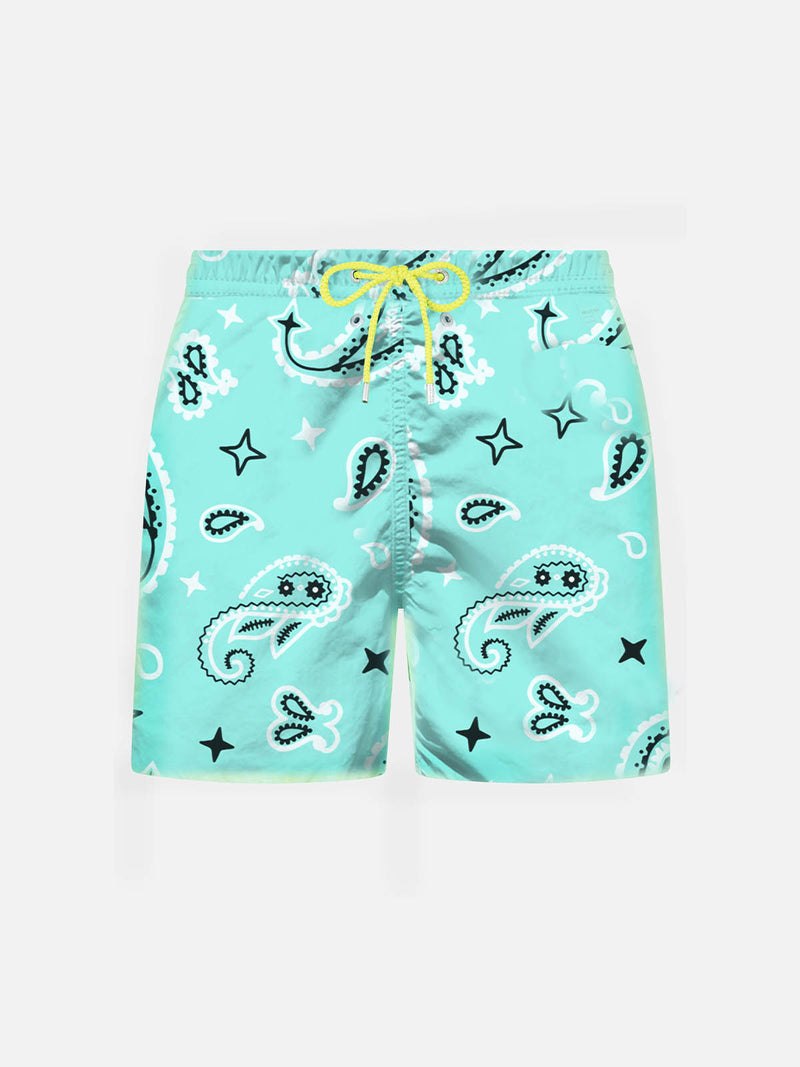 Boy water green swim shorts with bandanna pattern