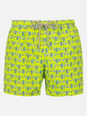 Man lightweight fabric swim-shorts Lighting Micro Fantasy with gym and gin print