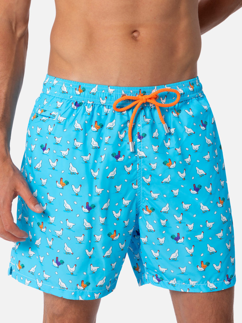 Man lightweight fabric swim-shorts Lighting Micro Fantasy with rooster print