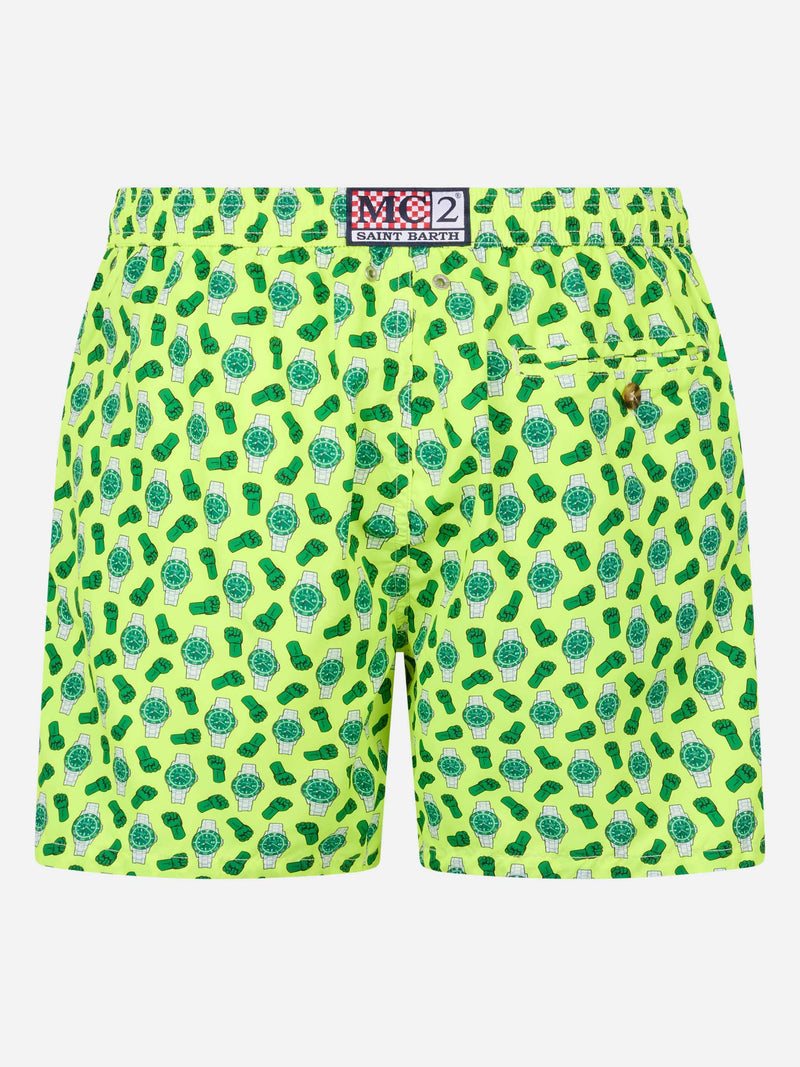 Man lightweight fabric swim-shorts Lighting Micro Fantasy with watches print