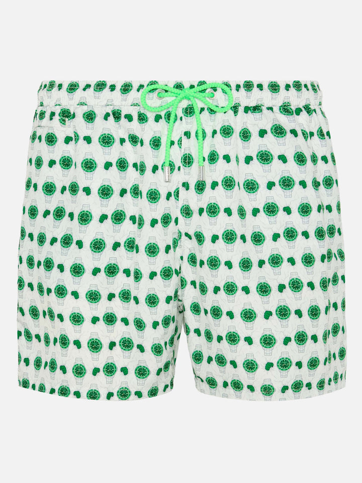 Badeshorts aus leichtem Stoff „Lighting“ mit Uhren-Print