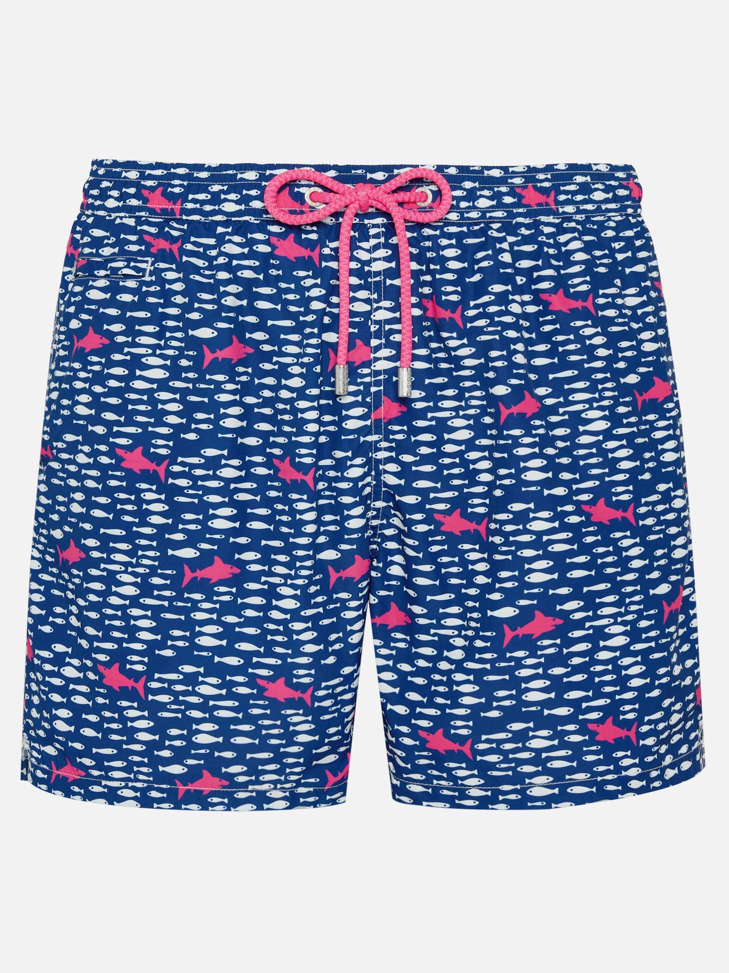 Herren-Badeshorts aus leichtem Stoff mit Fisch- und Hai-Aufdruck
