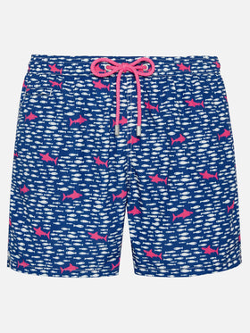 Herren-Badeshorts aus leichtem Stoff mit Fisch- und Hai-Aufdruck