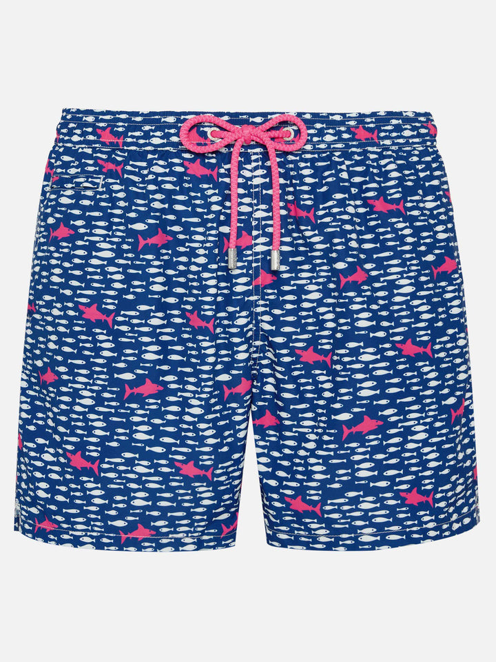 Herren-Badeshorts aus leichtem Stoff mit Fisch- und Hai-Aufdruck