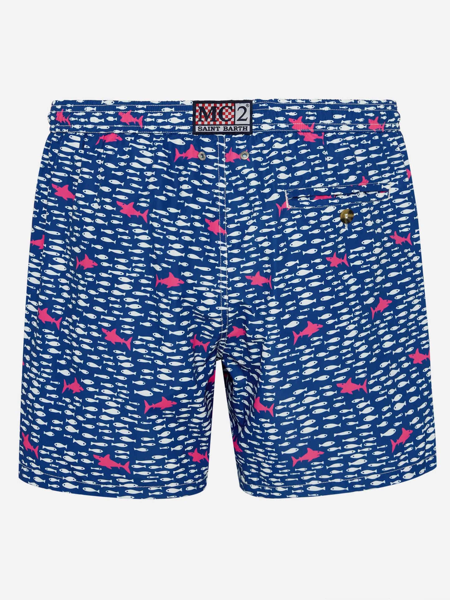 Herren-Badeshorts aus leichtem Stoff mit Fisch- und Hai-Aufdruck