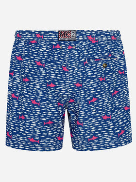 Herren-Badeshorts aus leichtem Stoff mit Fisch- und Hai-Aufdruck