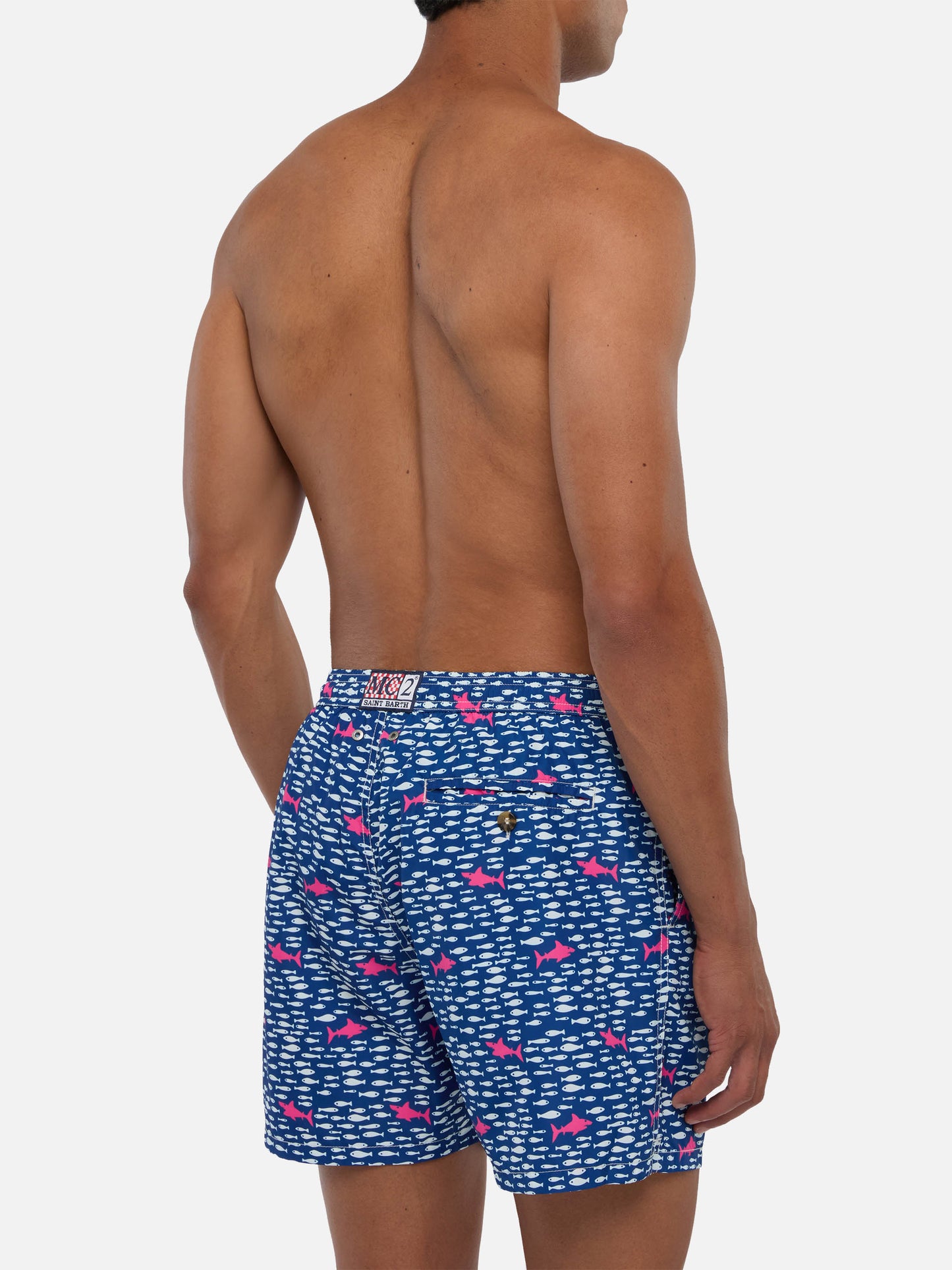 Herren-Badeshorts aus leichtem Stoff mit Fisch- und Hai-Aufdruck