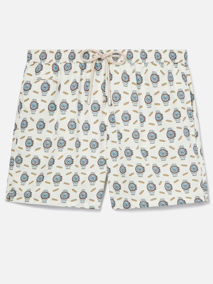 White Lighting Micro swim shorts with watches and baguettes print